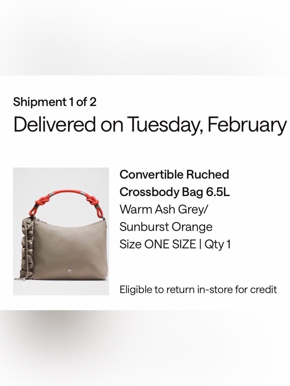 Convertible Ruched Crossbody Bag in Warm Ash Grey & Sunburst Orange